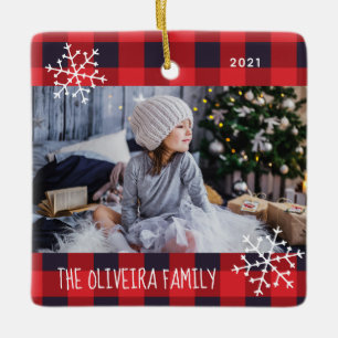 Céramique Photo de famille Rouge Buffalo Plaid Ornement en c