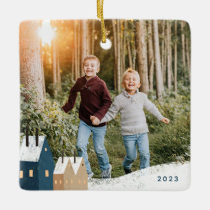 Céramique Scène Rustique Village Neige Photo Ornement en cér