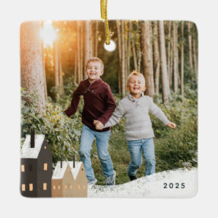 Céramique Scène Rustique Village Neige Photo Ornement en cér