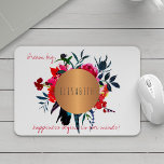Cercle de cuivre floral inspirant des mots et votr<br><div class="desc">Stylish girly glam sophistiqué tapis de souris avec une belle aquarelle bohème peint à la main rouge,  rose chaud et bleu marine roses et bouquet de plumes et avec un cercle métallique en cuivre ayant votre nom à l'intérieur. Personnalisez-le avec votre nom et votre texte inspirant \ citation!</div>