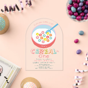 Cereal-sly Eén Roze Cereal Meisje 1e Verjaardag Acryl Uitnodigingen