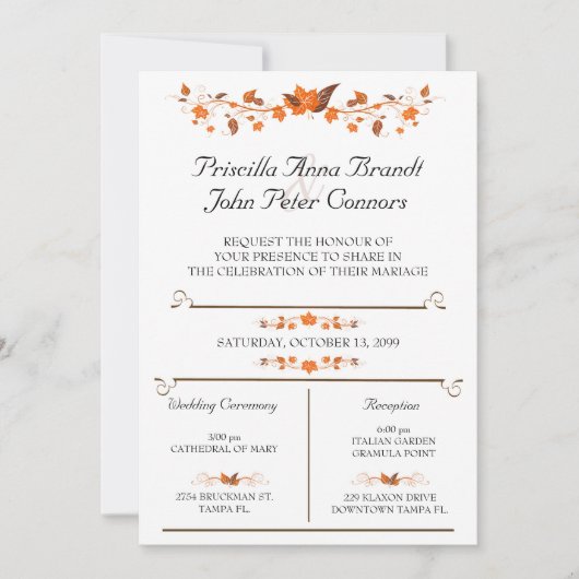 Cérémonie de faire-part de mariage, thème Feuilles (Devant)