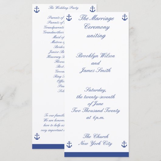 Cérémonie de Mariage nautique Programmes carte rac (Devant / Derrière)