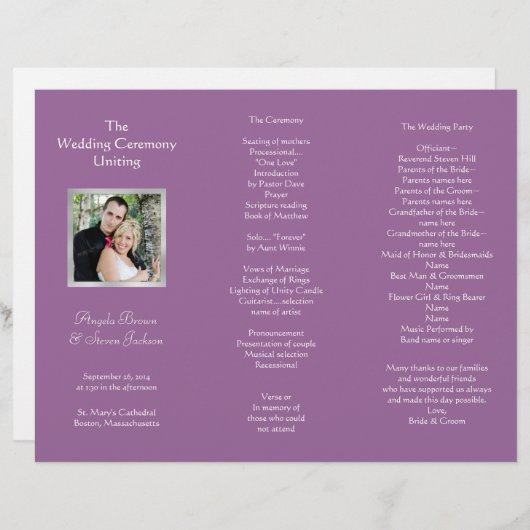 Cérémonie de mariage Programme Plié Avec Photo (Devant / Derrière)