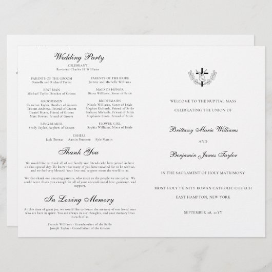 Cérémonie des Mariages catholiques avec programme  (Devant / Derrière)