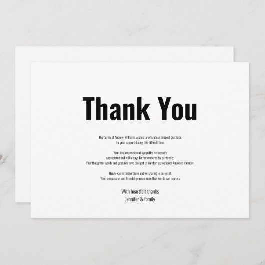 Cérémonie funéraire simple Merci noir et blanc (Devant / Derrière)