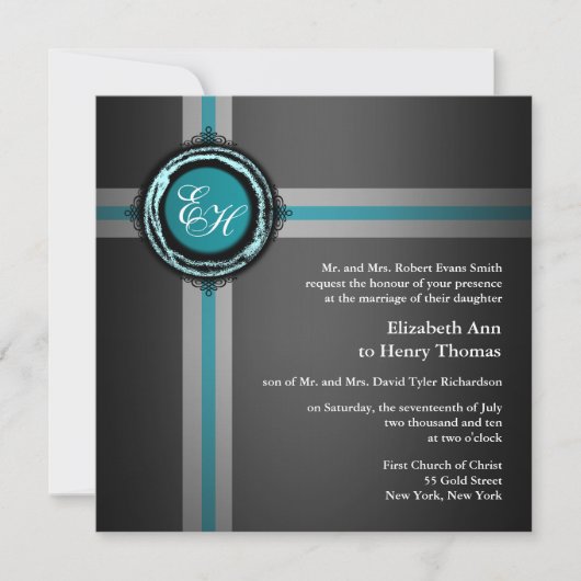 Cérémonie Mariage Invitation Turquois gris emboute (Devant)