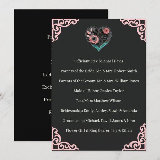 Cérémonie Programme de Mariage Fleurs Rose Cœur (Devant / Derrière)