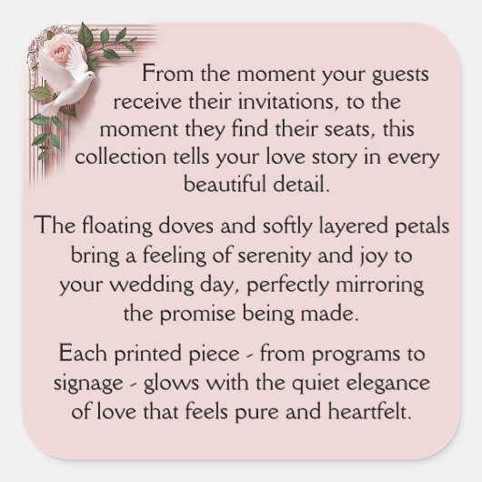 Ceremony - Pink Roses & Doves Vierkante Sticker (Voorkant)