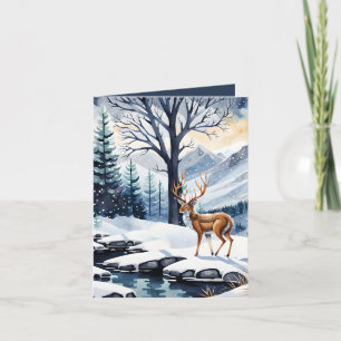 Cerf au bord du lac Snowy Carte de Noël pliée