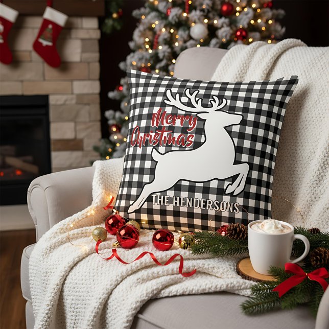 Cerf de Joyeux Noël Plaid Noir & Blanc Nom Coussin (Créateur téléchargé)