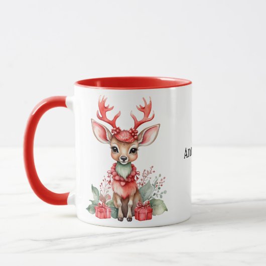 Cerf de Noël avec Mug d'Écharpe Rouge (Gauche)