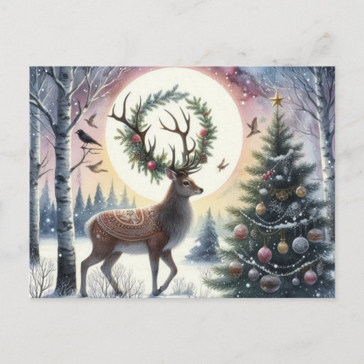 Cerf enchanté du solstice dans la neige Carte post (Devant)