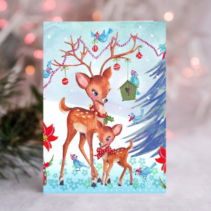 Cerfs Noël Oiseaux   Carte de vœux de fêtes