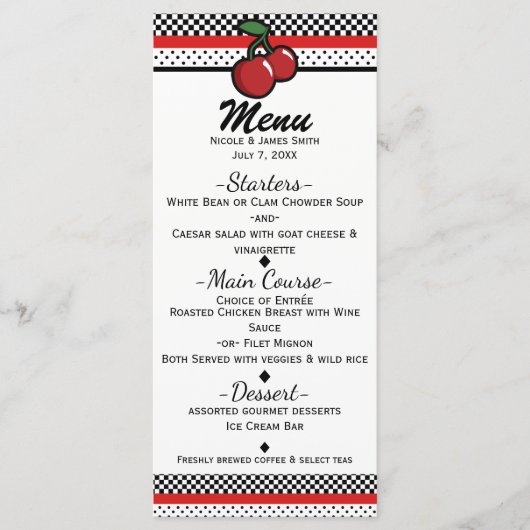 Cerises Rouges Noir & Blanc Menu d'Invitation Pers (Devant)