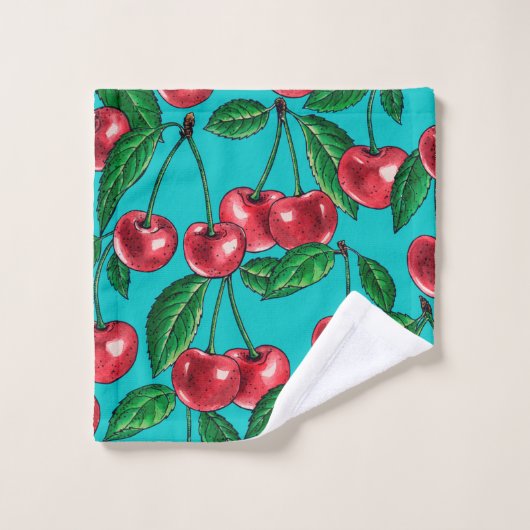 Cerises rouges sur turquoise (Gant de toilette)