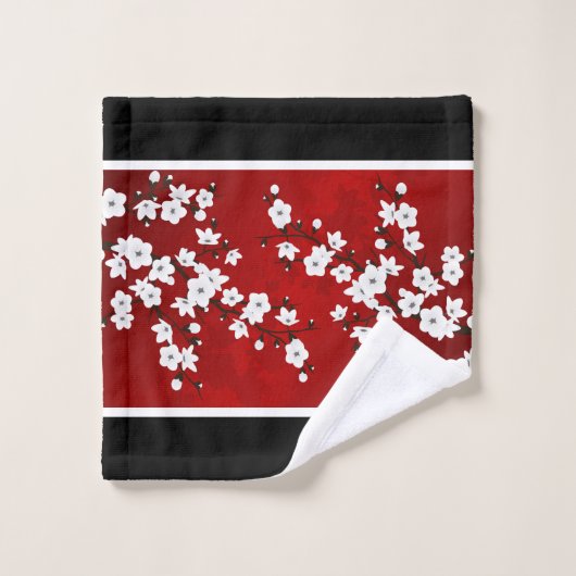 Cerisier Fleur Rouge Noir Blanc Monogramme (Gant de toilette)