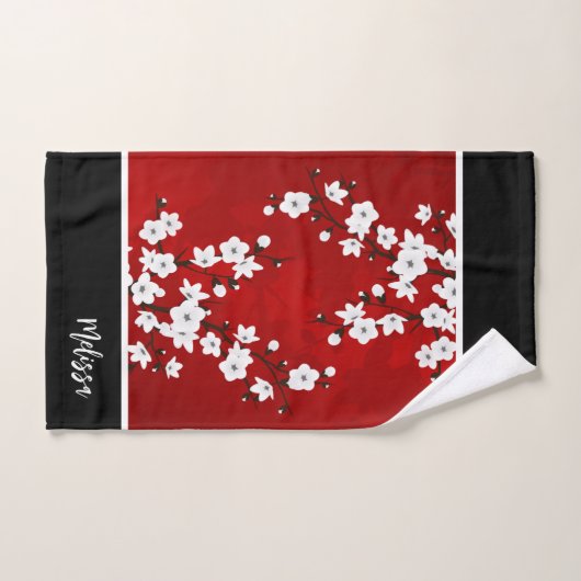 Cerisier Fleur Rouge Noir Blanc Monogramme (Serviette à main)