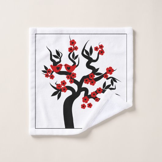 Cerisier rouge inséparables, fleurs frontière noir (Gant de toilette)