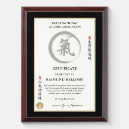 Certificaat Qi Gong-instructeur Troffee Gedenkplaat