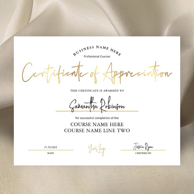 Certificaat van appreciatie Faux Gold Awards (Elegant white and faux gold Certificate of Appreciation design, perfect to create custom awards)