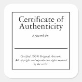 Certificaat van Authenticiteit Art Signature Stick Vierkante Sticker (Voorkant)