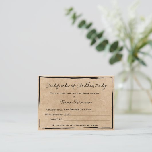Certificaat van authenticiteit Kunstwerk door Logo (Staand voorkant)