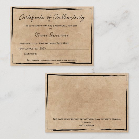 Certificaat van authenticiteit Kunstwerk door Logo (Voorkant / Achterkant)