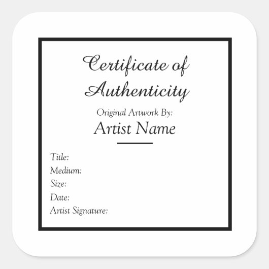 Certificaat van authenticiteit voor kunst vierkante sticker (Voorkant)