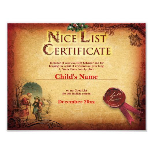 Certificaat van de lijst van Nice van de kerstman Foto Afdruk (Voorkant)