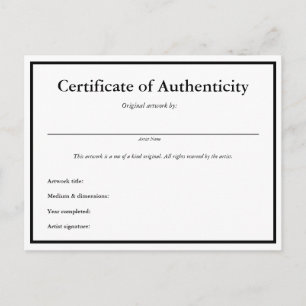 Certificaat van echtheid voor kunst briefkaart