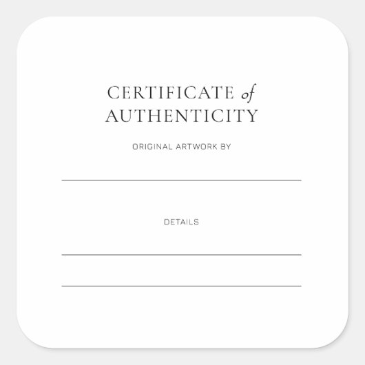 Certificaat van echtheid voor kunstwerken vierkante sticker (Voorkant)