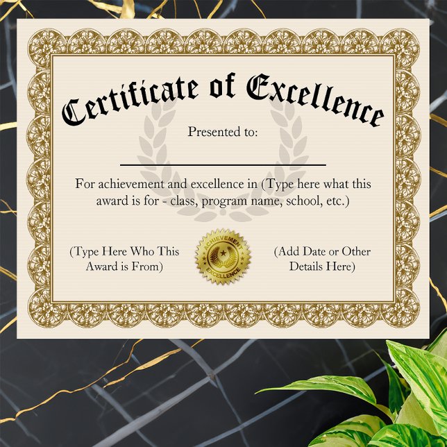 Certificaat van excellentie Gold  8,5 x 11 (custom printed certificate of excellence)