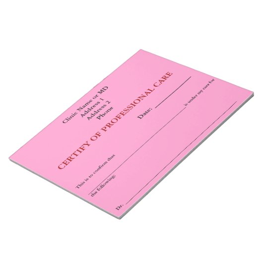 Certificaat van Professional Care Notitieblok (Roz (Schuin)