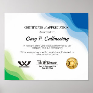 Certificaat van waardering van vrijwilligers poster