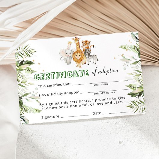 Certificaat voor de adoptie van wilde dieren in de kaart