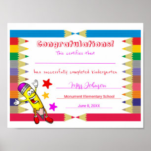 Certificaat voor kinderbedrukte kindergarten, gesc poster