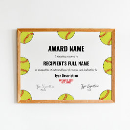 Certificaat voor Softball Excellence Poster
