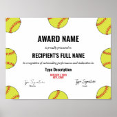 Certificaat voor Softball Excellence Poster (Voorkant)