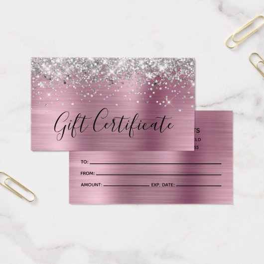 Certificat Cadeau Argent Pailleté Rose Clair Feuil (Bureau)