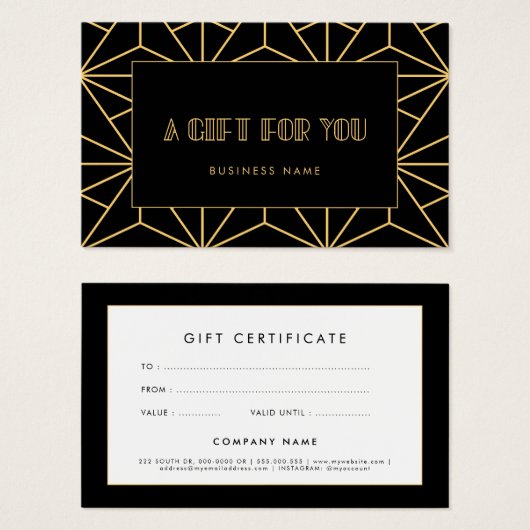 Certificat cadeau Art déco vintage rétros (Devant & derrière)