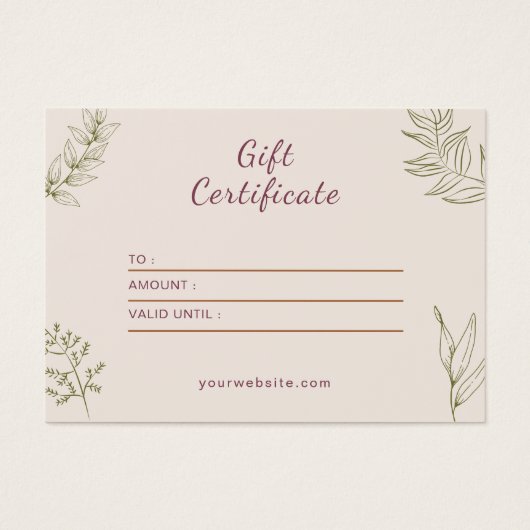 Certificat cadeau Beige Neutre Élégant (Devant)
