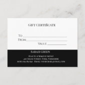 Certificat cadeau de beauté noir et blanc moderne (Dos)