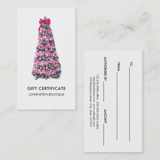 Certificat cadeau de couture d'arbre de Noël rose  (Devant / Derrière)