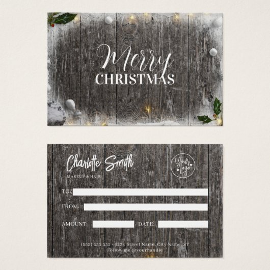 Certificat cadeau de Noël d'affaires Rustic Wood (Devant & derrière)