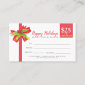 Certificat cadeau de Noël ruban vert rouge 25 $ (Devant)