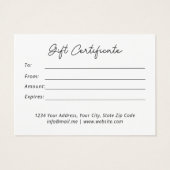 Certificat cadeau de script de logo noir moderne (Dos)