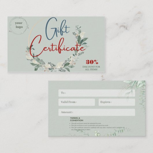 Certificat cadeau d'entreprise (Devant / Derrière)