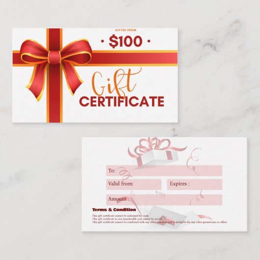 Certificat cadeau d'entreprise 100 $ (Devant / Derrière)
