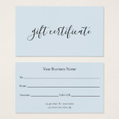 Certificat cadeau d'entreprise bleu pastel moderne (Devant & derrière)